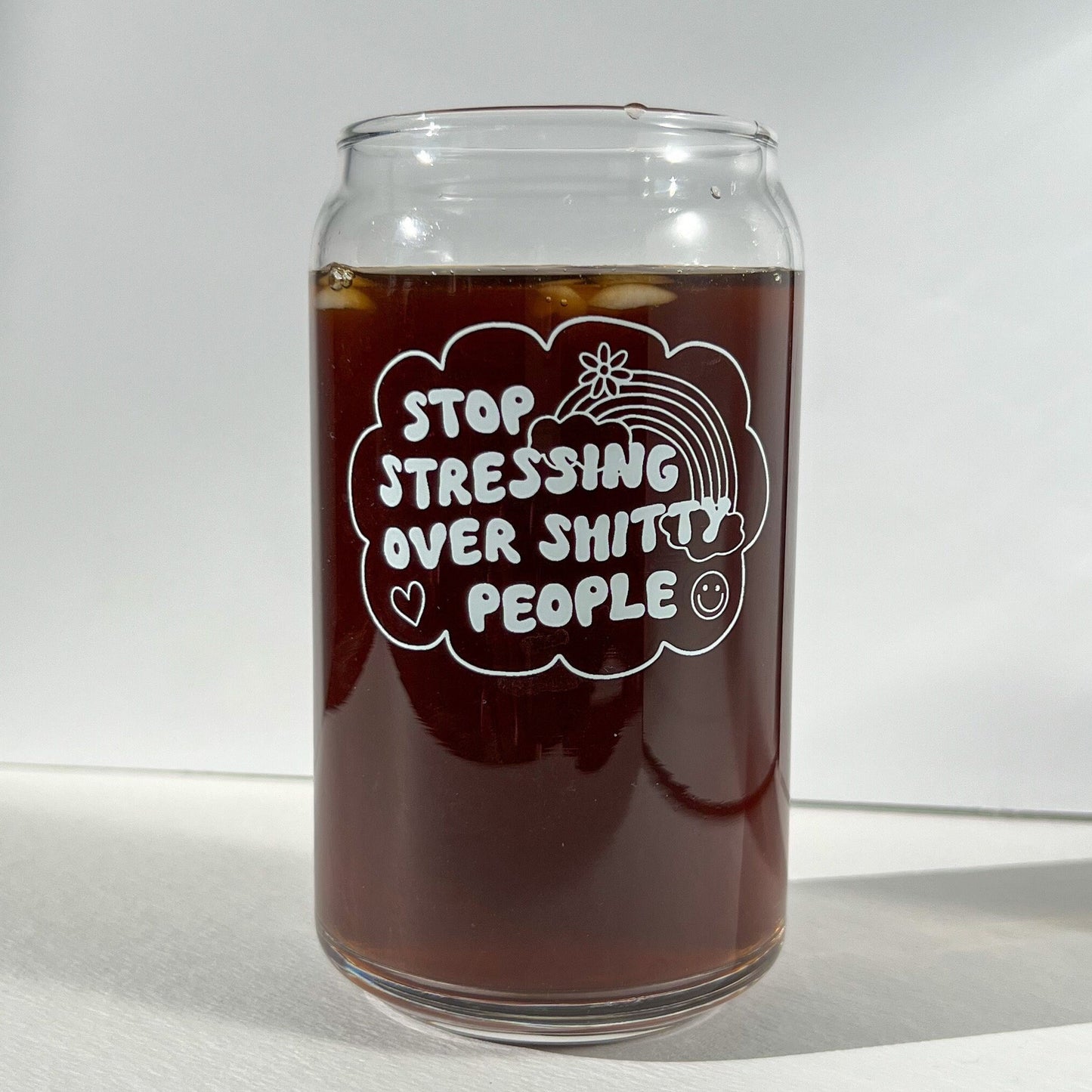 Stop stressing over shitty people cup, custom tumbler, dishwasher safe glass, glass can with bamboo lid and straw, sarcastic gift, funny