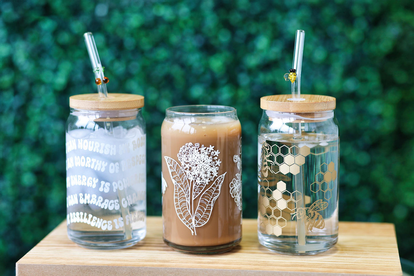 Dishwasher safe affirmations glass can, mental health matters, positive affirmations, glass can, libbey 209, bamboo lid, glass straw.
