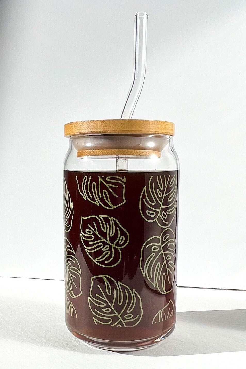 Monstera Libbey, iced coffee glass, custom Libbey glass, customized tumbler dishwasher safe cup, screen printed tumbler