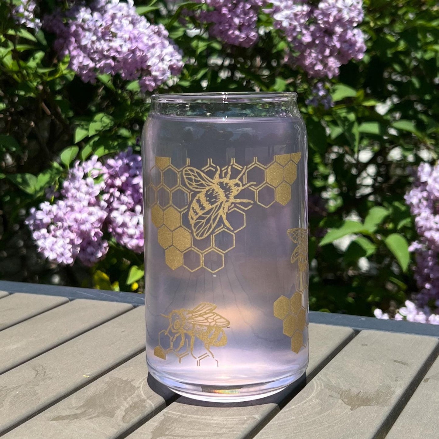 Dishwasher safe honeybee cup, honeycomb glass can, libbey 209, iced coffee cup, bamboo lid and glass straw