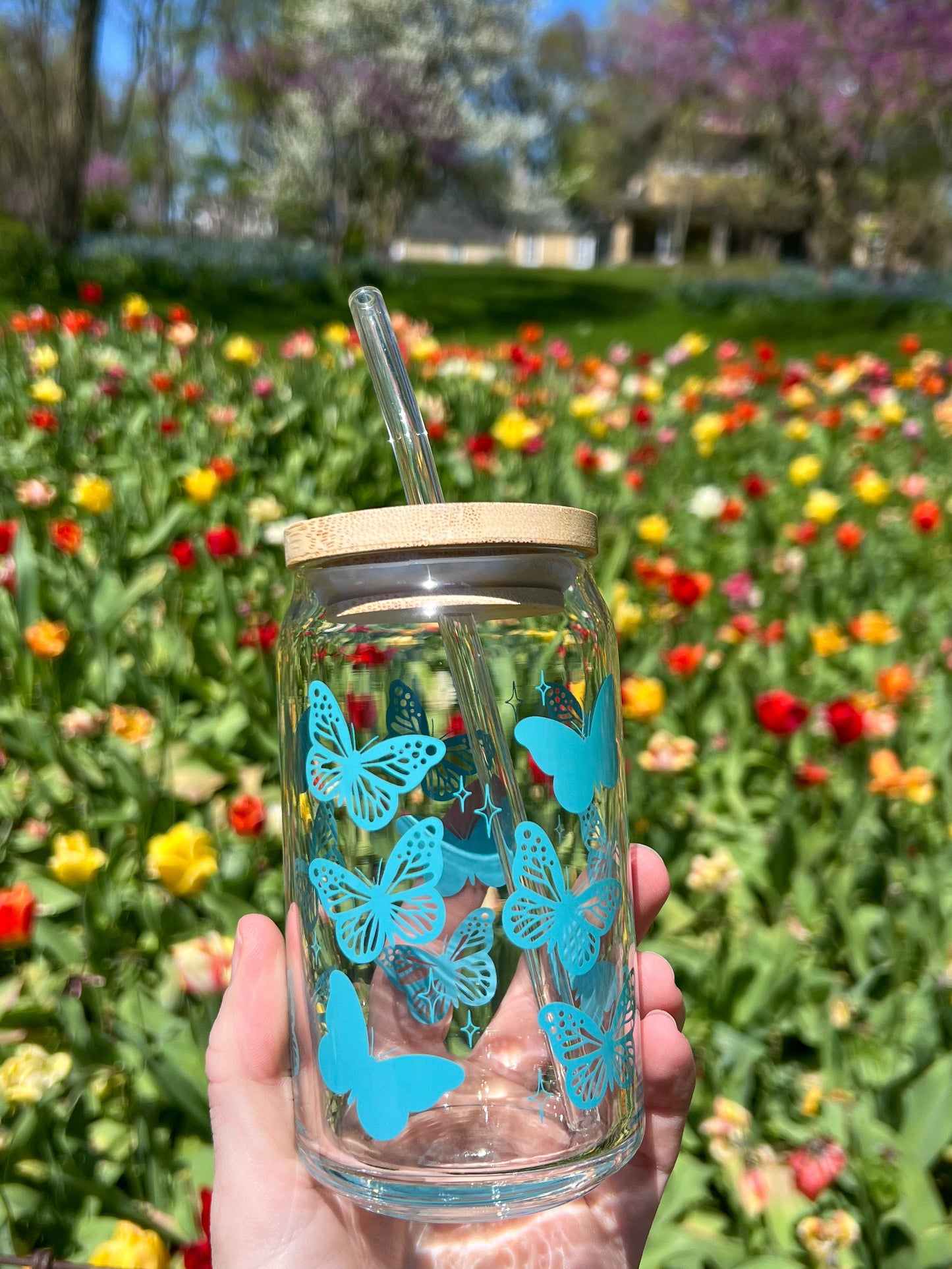 Dishwasher safe Butterfly cup, glass can, libbey 209, pink butterfly cup, purple butterfly cup, teal butterfly cup, cute glass cup,