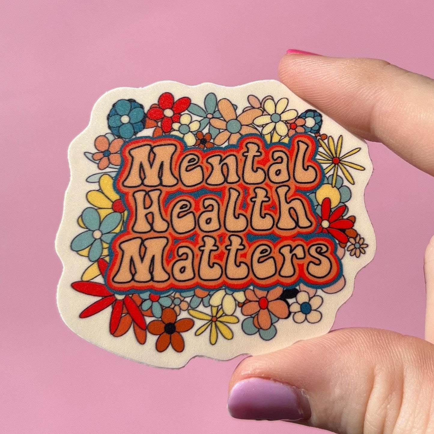 Mental health matters sticker, mental health matters decal, groovy flower sticker, retro inspired sticker, 60s 70s sticker