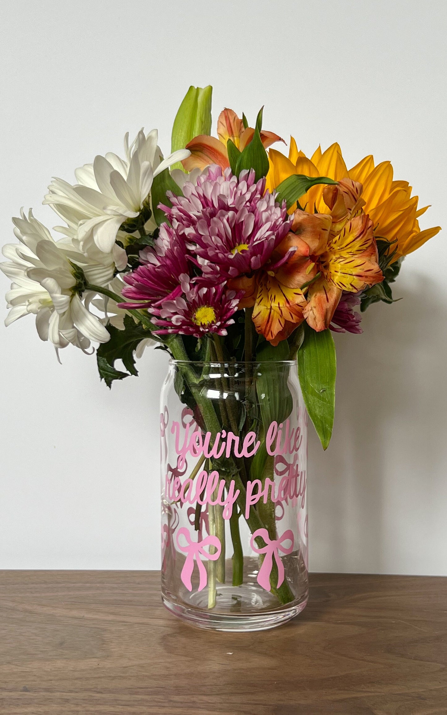 You’re like really pretty cup, coquette bow, glass can, glass with bamboo lid, glass straw, dishwasher safe cup, mental health gift,