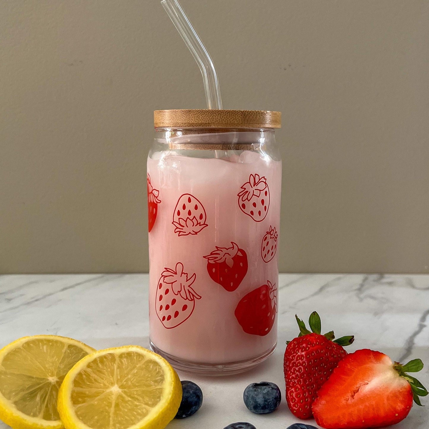 Strawberry Libbey, iced coffee glass, custom Libbey glass, customized tumbler dishwasher safe cup, screen printed tumbler, daisy cup, cute!