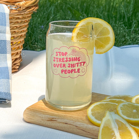 Stop stressing over shitty people cup, custom tumbler, dishwasher safe glass, glass can with bamboo lid and straw, sarcastic gift, funny