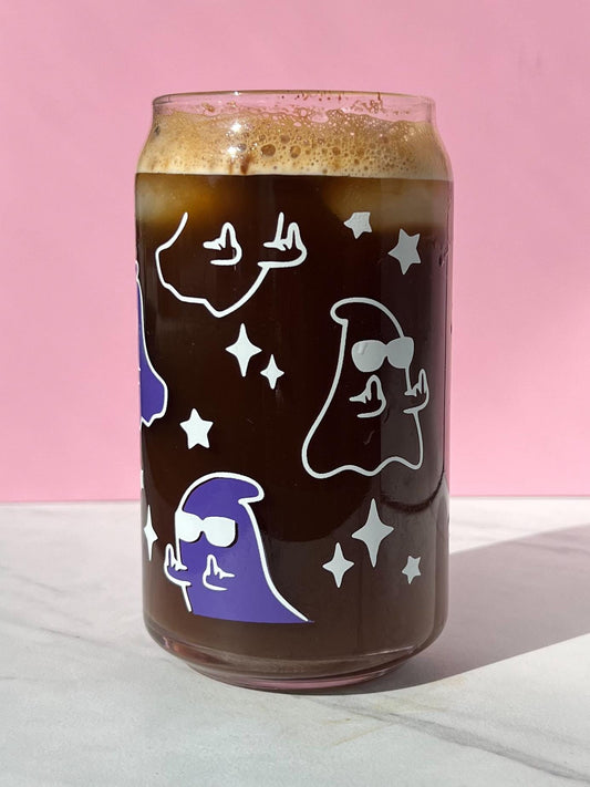 Dishwasher safe ghost cup, Halloween cup, middle finger ghost, sassy cup, glass can, glass tumbler, screen printed glass