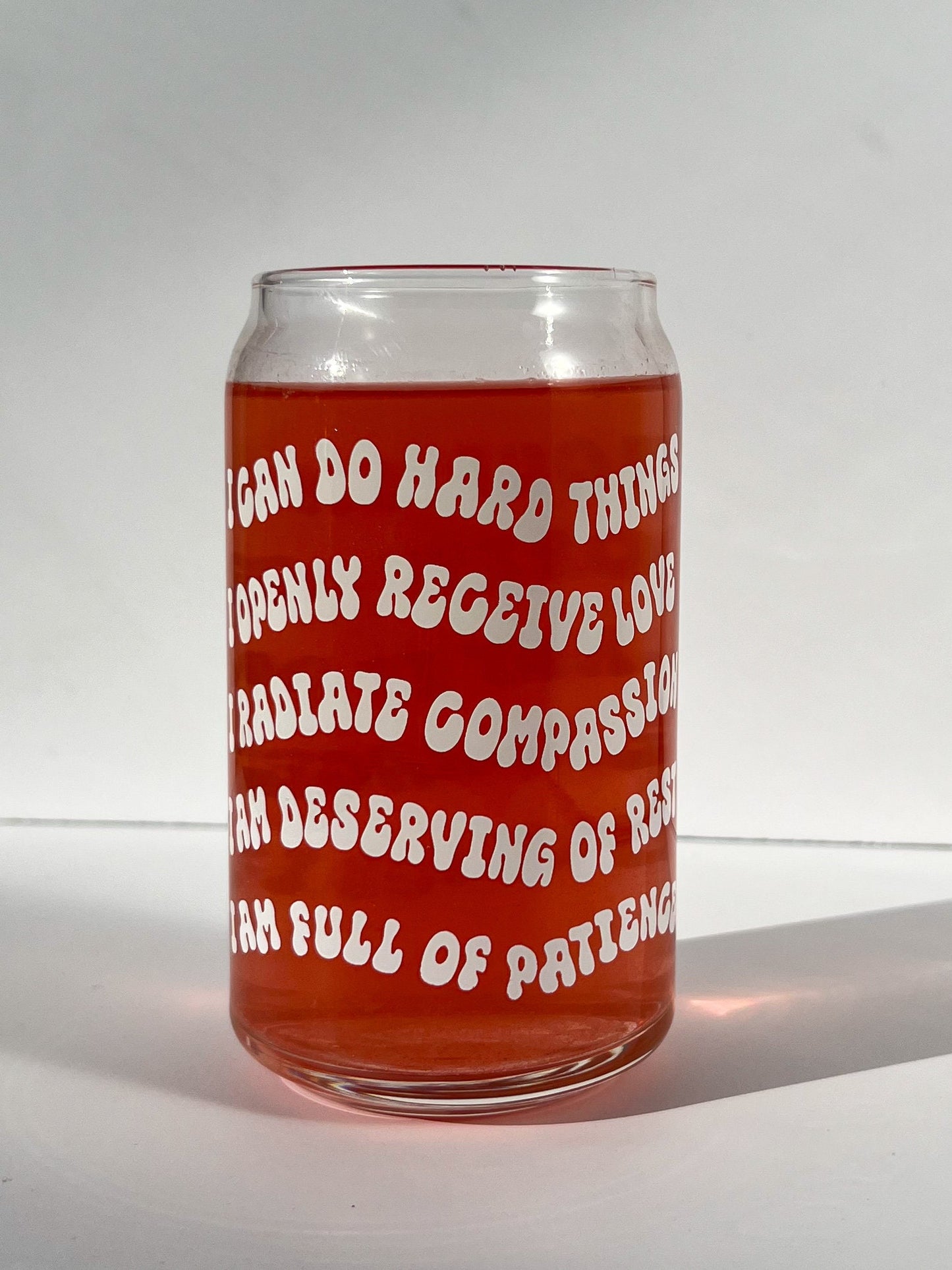 Dishwasher safe affirmations glass can, mental health matters, positive affirmations, glass can, libbey 209, bamboo lid, glass straw.
