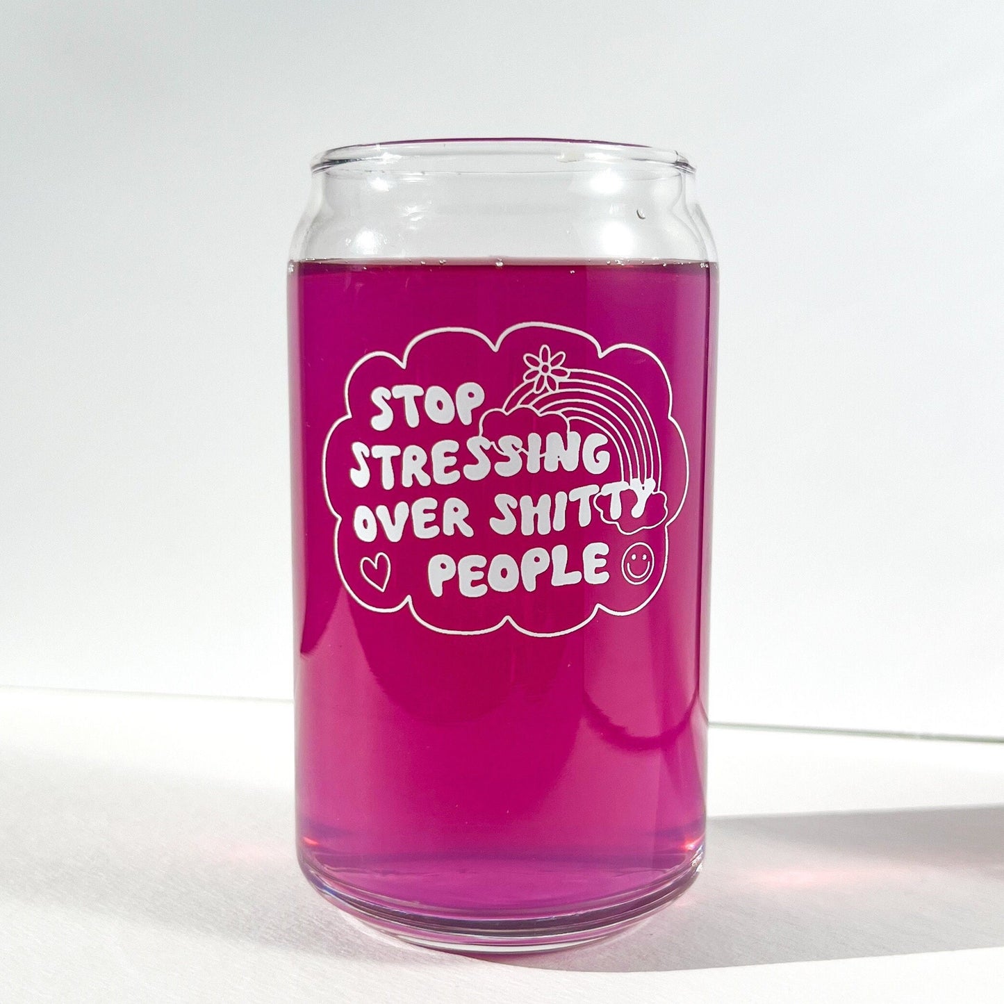 Stop stressing over shitty people cup, custom tumbler, dishwasher safe glass, glass can with bamboo lid and straw, sarcastic gift, funny