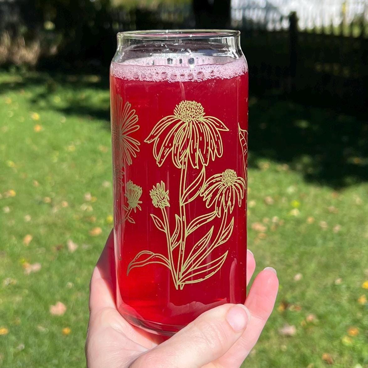 Dishwasher safe Native wildflower cup, Illinois native flowers, Iowa native, flower outlines, glass can, glass tumbler, 20 oz iced coffee