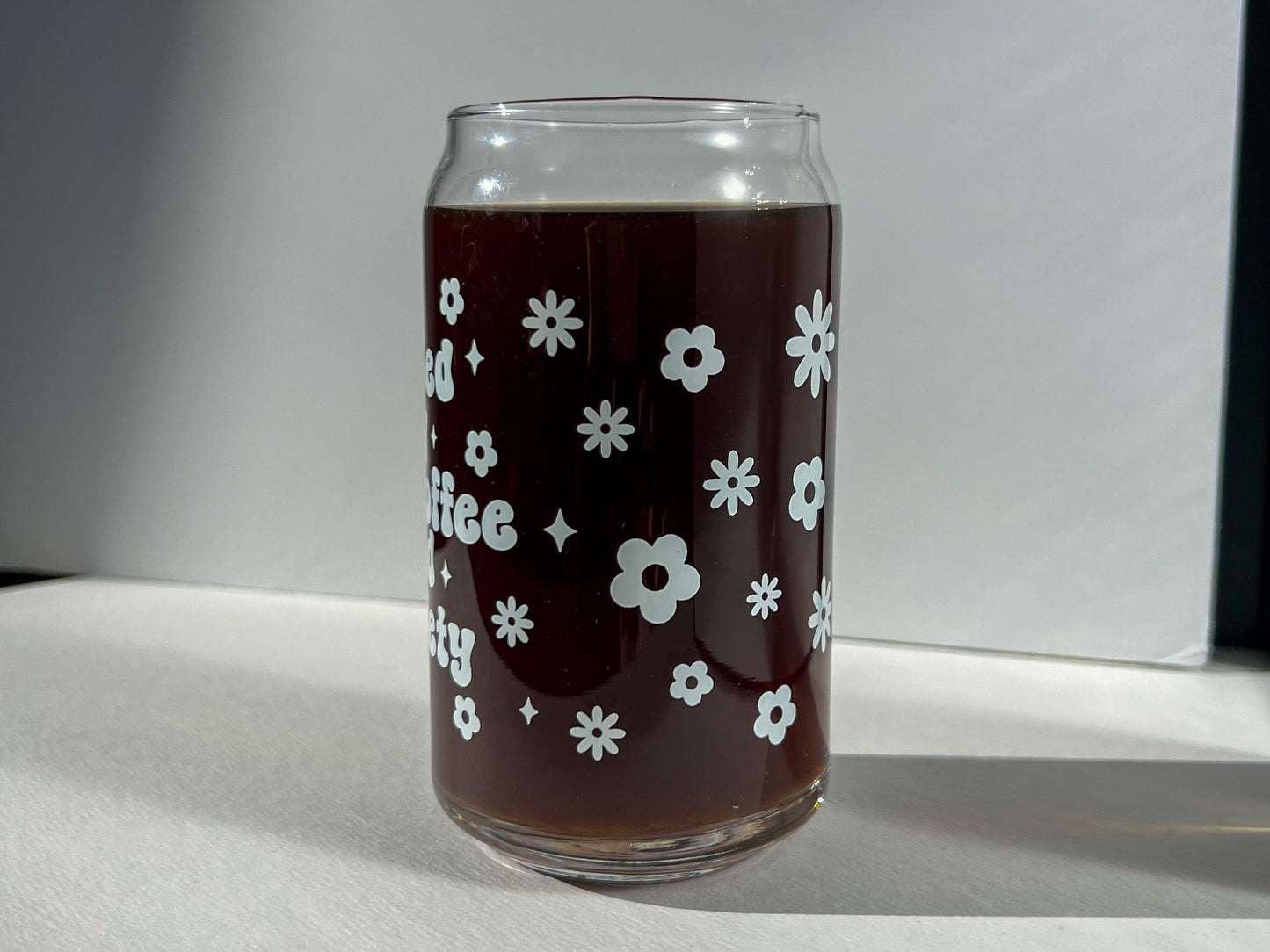 Dishwasher safe fueled by iced coffee and anxiety cup, glass can, libbey 209, iced coffee cup, bamboo lid and glass straw