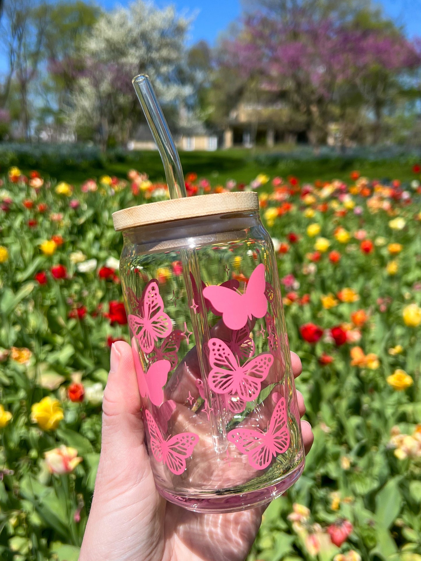 Dishwasher safe Butterfly cup, glass can, libbey 209, pink butterfly cup, purple butterfly cup, teal butterfly cup, cute glass cup,